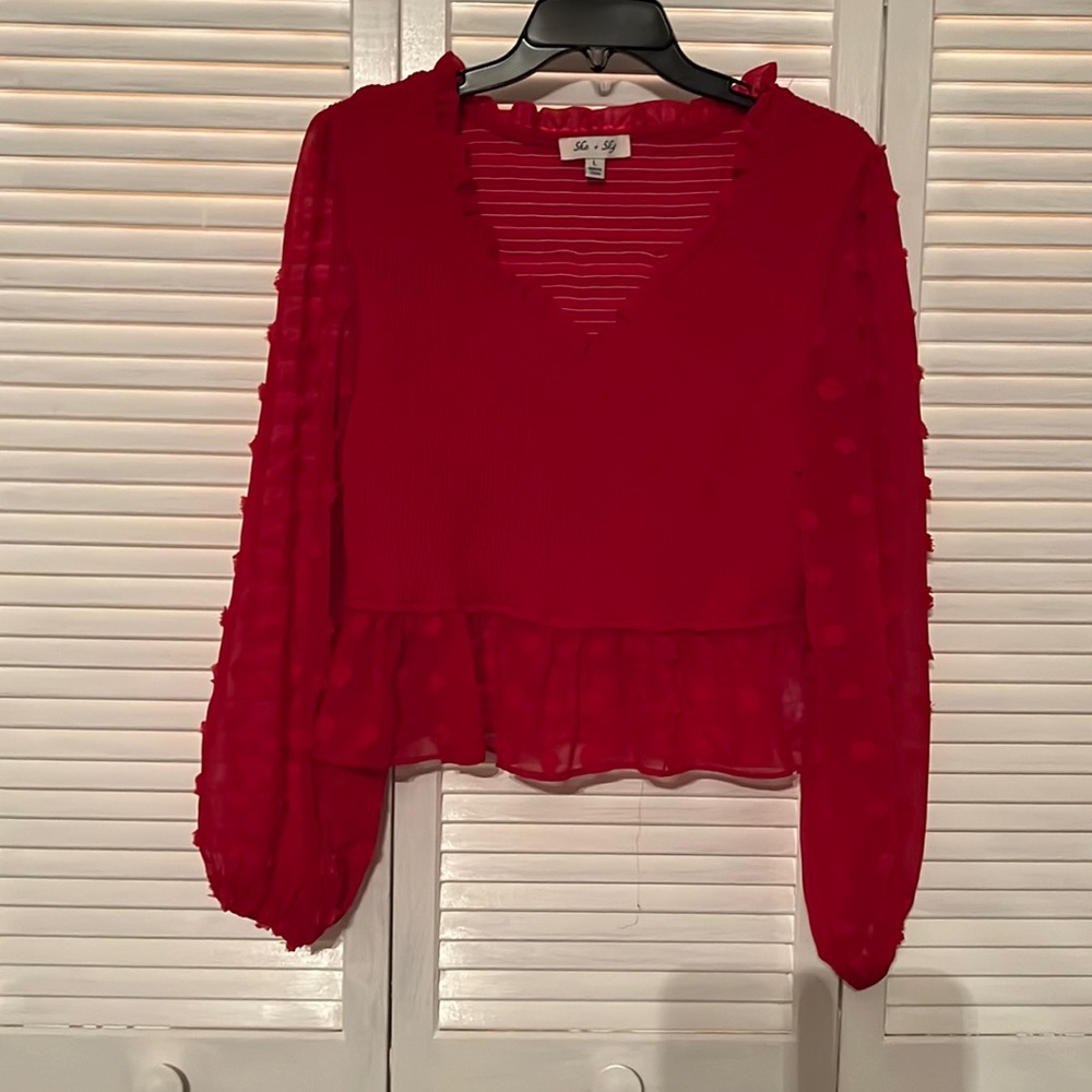 Red sheer long sleeve peplum cropped blouse